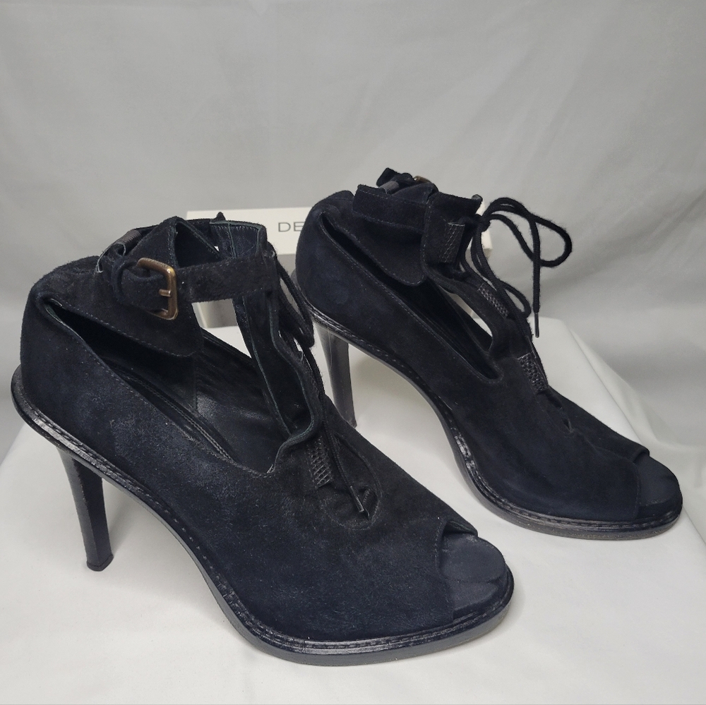 Derek Lam Black Suede/Leather Heels, Buckle and Lace Up Design. Size 39 US 8 1/2